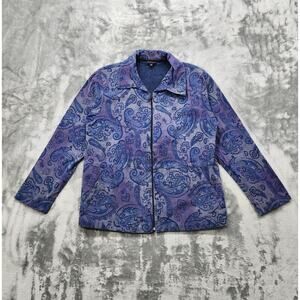 Vintage Staples Jacket Women 10 Blue Purple Paisley Print Full Zip Stretch Denim